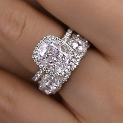 Timeless Halo Cushion Cut Women's Wedding Ring Set In Sterling Silver-Sterling Silver-lornajewelry