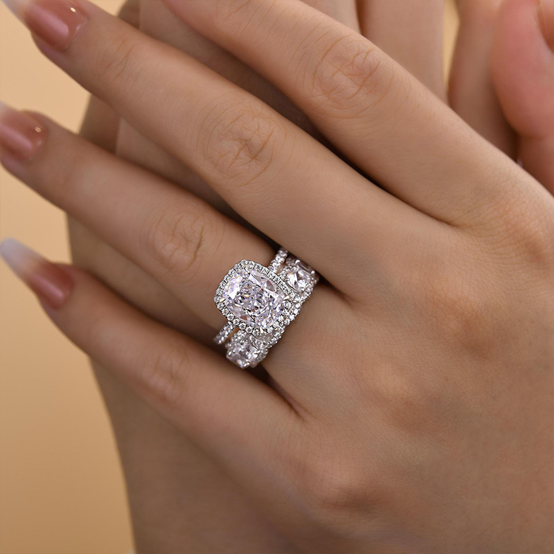 Timeless Halo Cushion Cut Women's Wedding Ring Set In Sterling Silver-Sterling Silver-lornajewelry