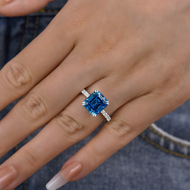 4.5Ct Noble Blue Sapphire Emerald Cut Engagement Ring-Sterling Silver-lornajewelry