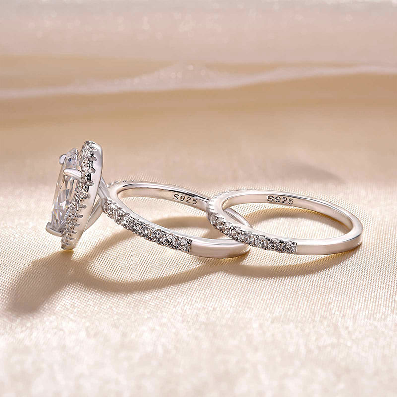 Halo Pear Cut Created White Sapphire Wedding Ring Set-Sterling Silver-lornajewelry