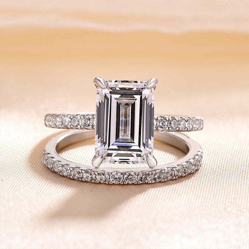 Classic Emerald Cut Wedding Ring Set In Sterling Silver-Sterling Silver-lornajewelry