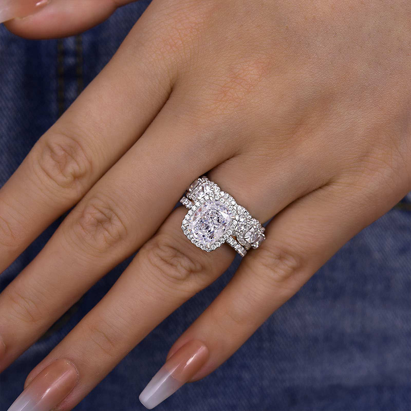 Timeless Halo Cushion Cut Women's Wedding Ring Set In Sterling Silver-Sterling Silver-lornajewelry