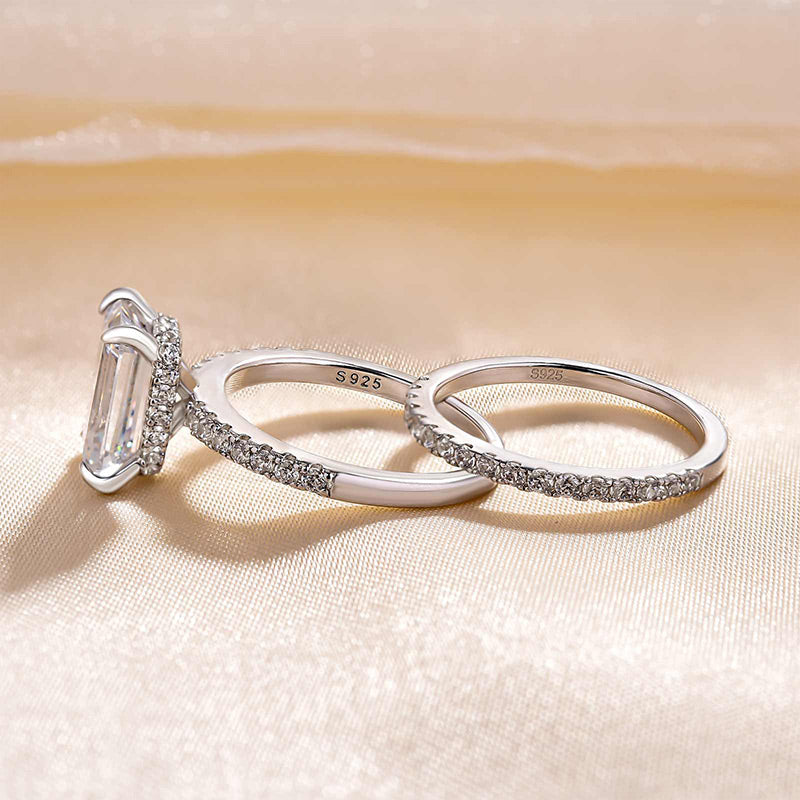 Classic Emerald Cut Wedding Ring Set In Sterling Silver-Sterling Silver-lornajewelry