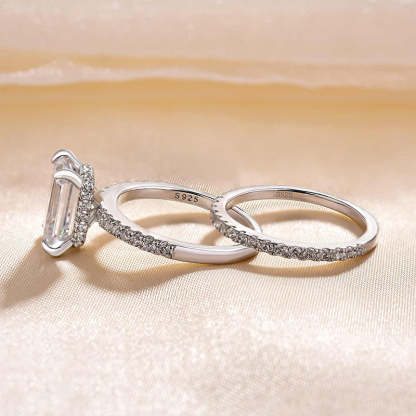 Classic Emerald Cut Wedding Ring Set In Sterling Silver-Sterling Silver-lornajewelry