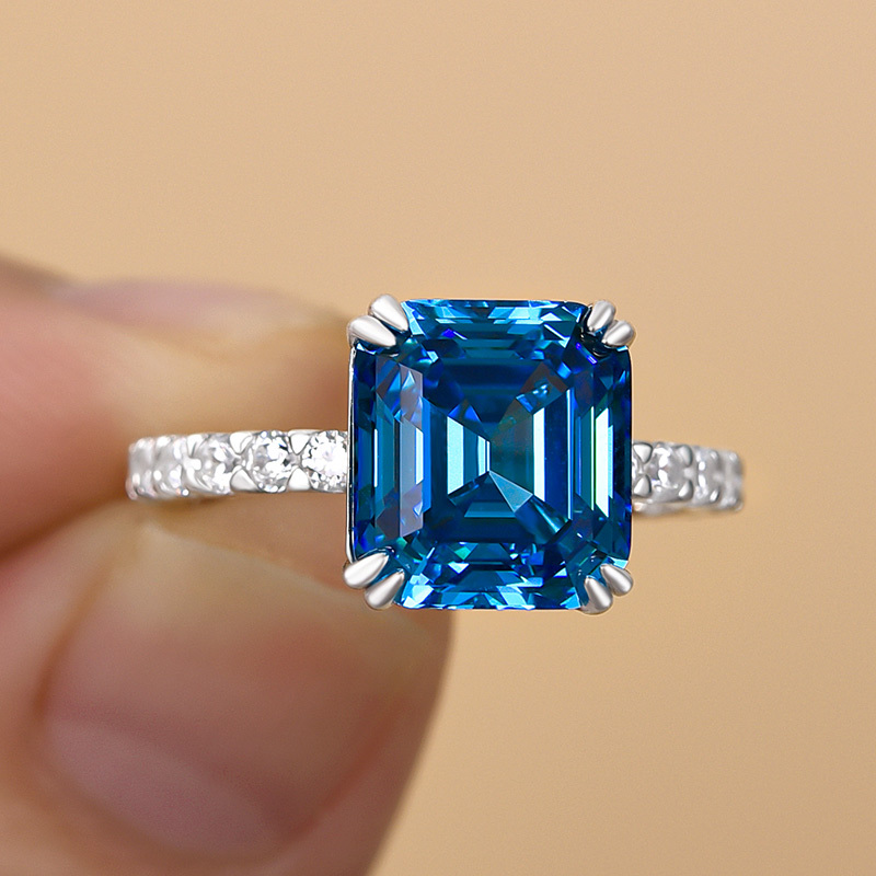 4.5Ct Noble Blue Sapphire Emerald Cut Engagement Ring-Sterling Silver-lornajewelry