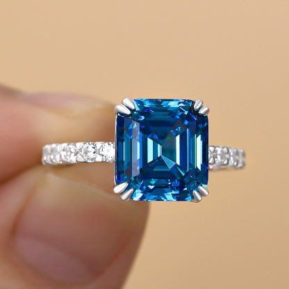 4.5Ct Noble Blue Sapphire Emerald Cut Engagement Ring-Sterling Silver-lornajewelry