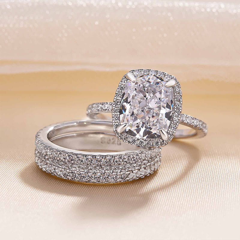 Exclusive Halo Cushion Cut 3PC Wedding Set In Sterling Silver-Sterling Silver-lornajewelry