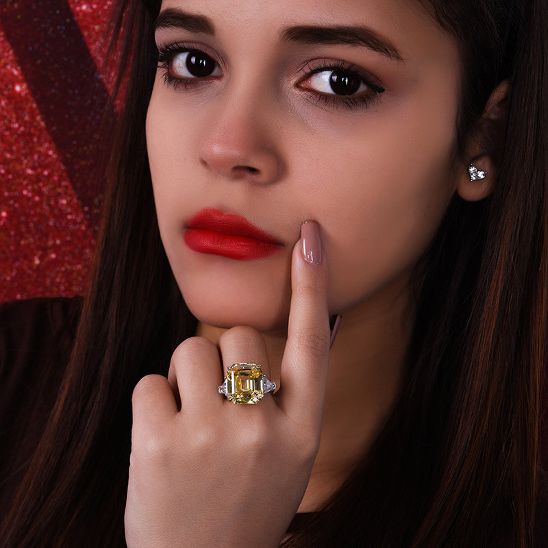 7Ct Yellow Sapphire Asscher Cut and Trillion Cut Three Stone Engagement Ring for Her-Sterling Silver-lornajewelry