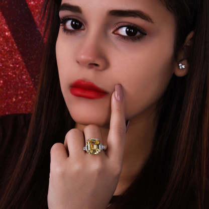 7Ct Yellow Sapphire Asscher Cut and Trillion Cut Three Stone Engagement Ring for Her-Sterling Silver-lornajewelry