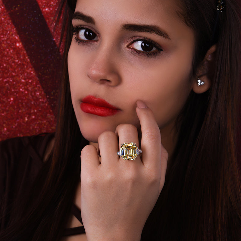 7Ct Yellow Sapphire Asscher Cut and Trillion Cut Three Stone Engagement Ring for Her-Sterling Silver-lornajewelry