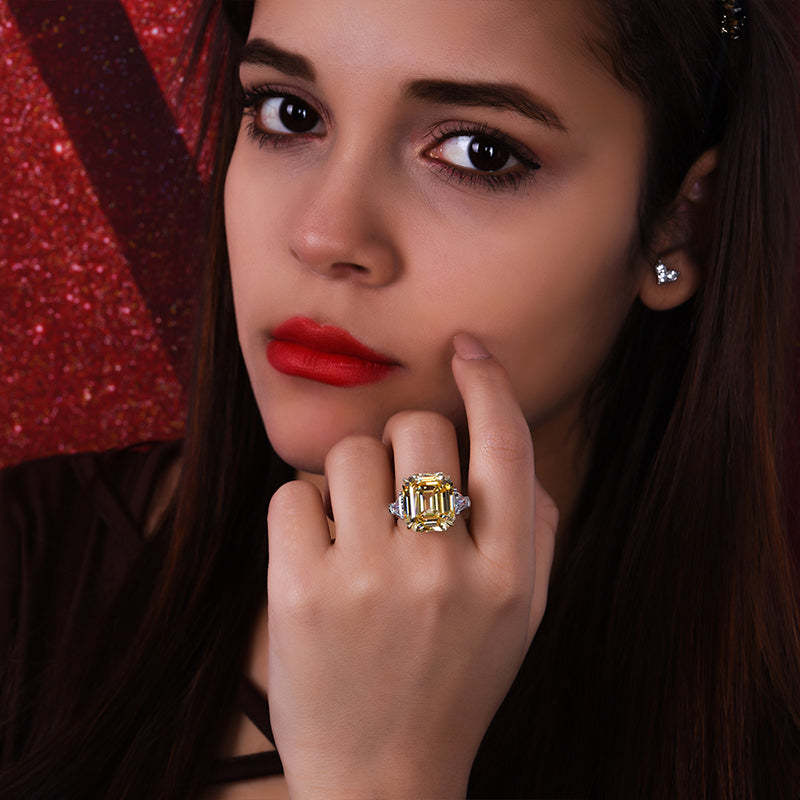 7Ct Yellow Sapphire Asscher Cut and Trillion Cut Three Stone Engagement Ring for Her-Sterling Silver-lornajewelry