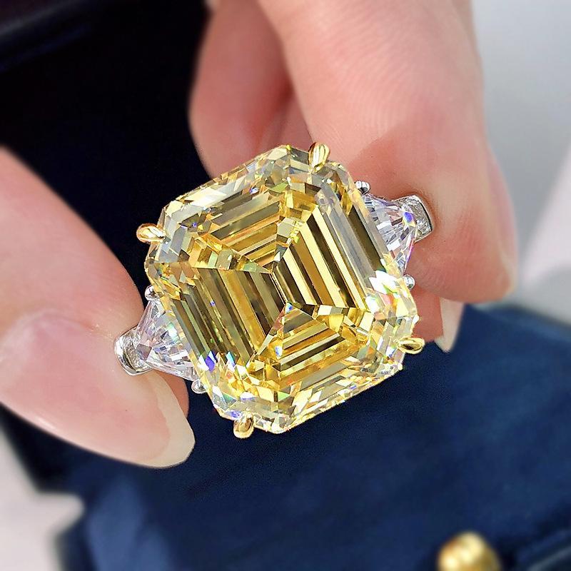 7Ct Yellow Sapphire Asscher Cut and Trillion Cut Three Stone Engagement Ring for Her-Sterling Silver-lornajewelry