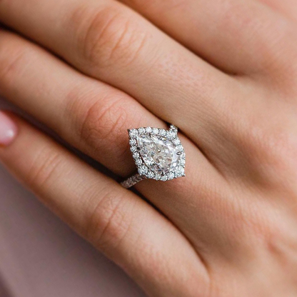 3.3Ct Stunning Yellow Gold Halo Pear Cut Elegant Engagement Ring In Sterling Silver-Sterling Silver-lornajewelry