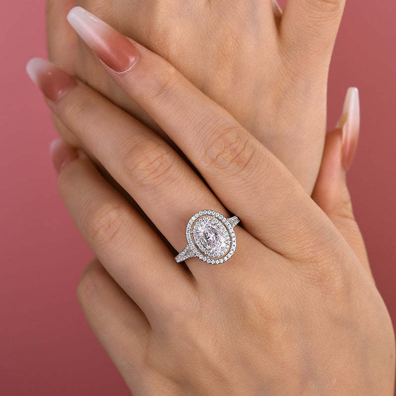2Ct Luxury Split Shank Double Halo Oval Cut Engagement Ring In Sterling Silver-Sterling Silver-lornajewelry