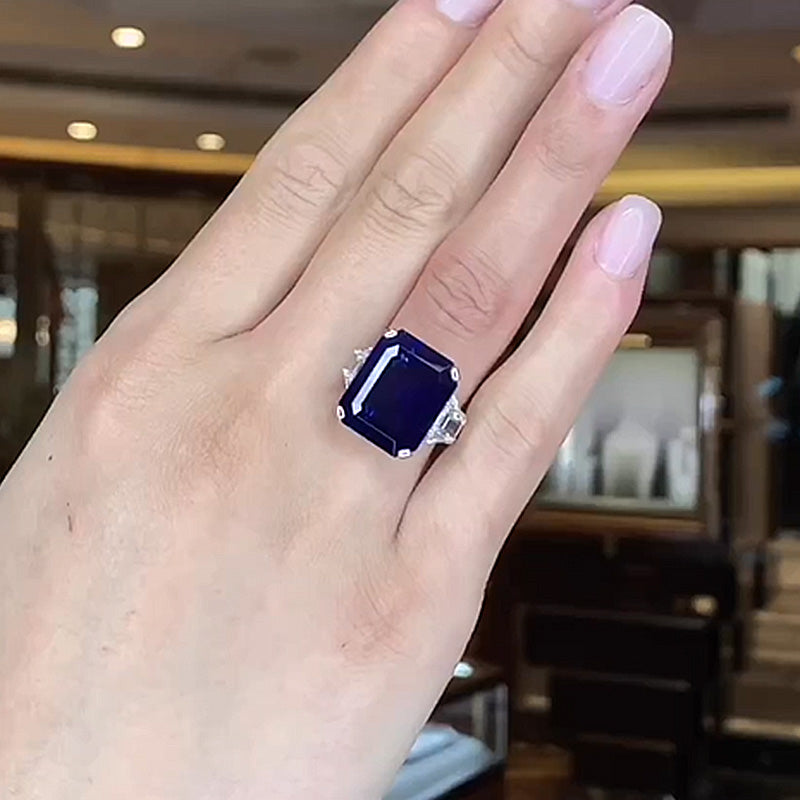 7.5Ct Gorgeous Blue Sapphire Emerald Cut Three Stone Engagement Ring-Sterling Silver-lornajewelry
