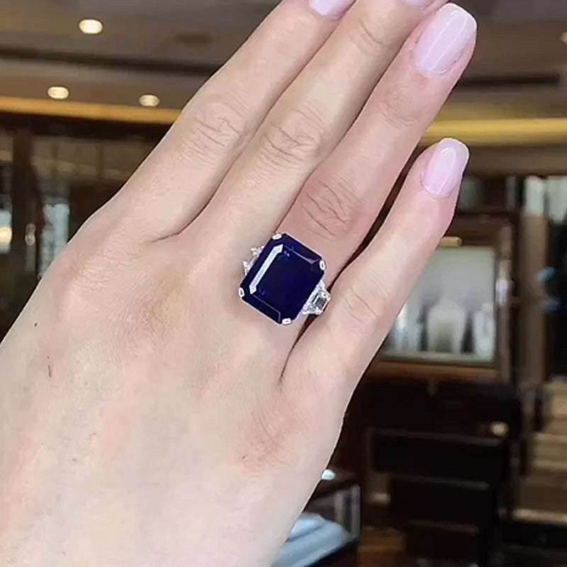 7.5Ct Gorgeous Blue Sapphire Emerald Cut Three Stone Engagement Ring-Sterling Silver-lornajewelry
