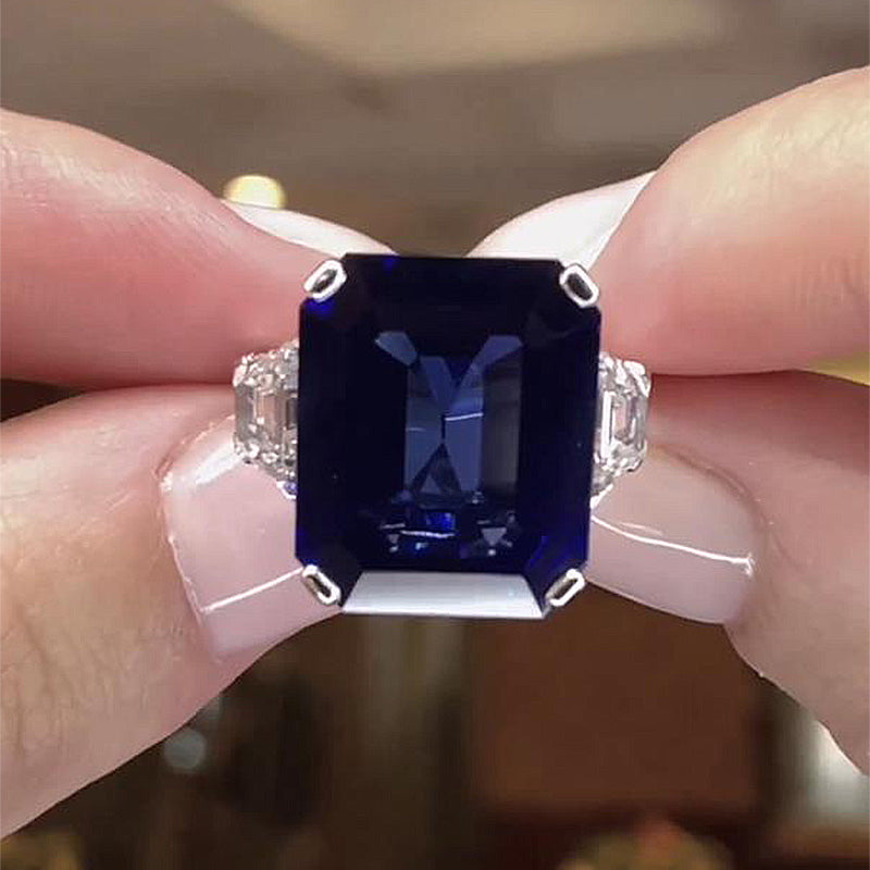 7.5Ct Gorgeous Blue Sapphire Emerald Cut Three Stone Engagement Ring-Sterling Silver-lornajewelry