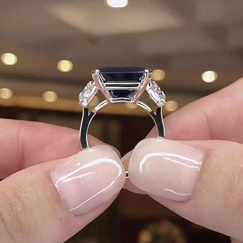 7.5Ct Gorgeous Blue Sapphire Emerald Cut Three Stone Engagement Ring-Sterling Silver-lornajewelry