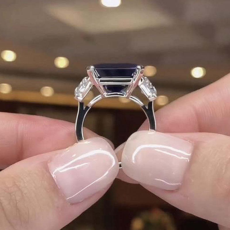 7.5Ct Gorgeous Blue Sapphire Emerald Cut Three Stone Engagement Ring-Sterling Silver-lornajewelry