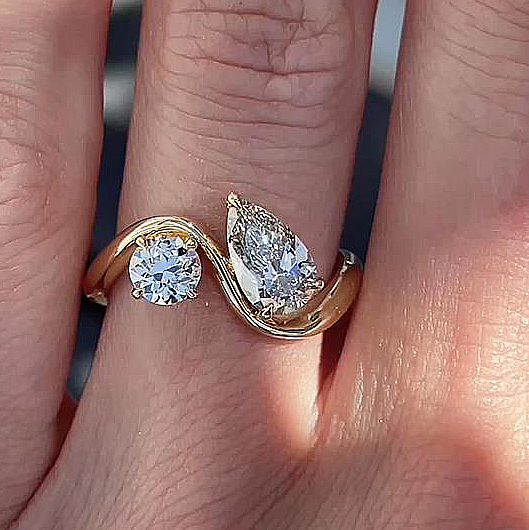1Ct+2Ct Exclusive Yellow Gold Pear & Round Cut Double Stones Design Engagement Ring-Sterling Silver-lornajewelry