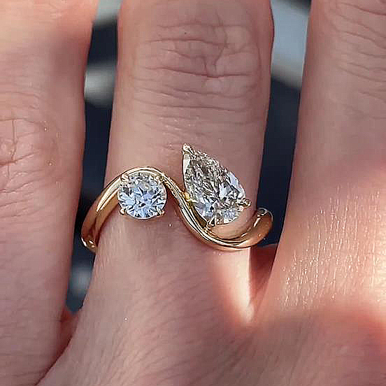 1Ct+2Ct Exclusive Yellow Gold Pear & Round Cut Double Stones Design Engagement Ring-Sterling Silver-lornajewelry