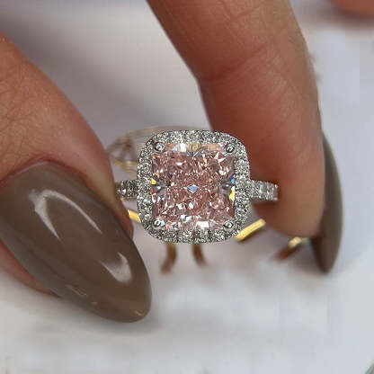 3Ct Excellent Halo Radiant Cut Pink Stone Engagement Ring-Sterling Silver-lornajewelry