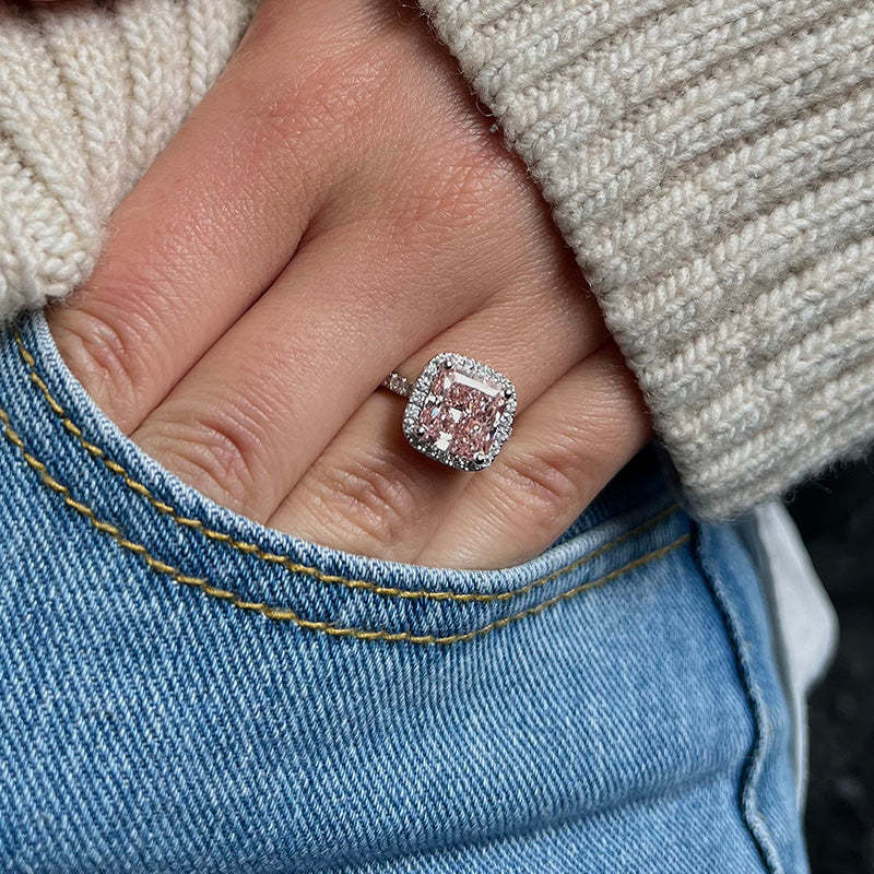 3Ct Excellent Halo Radiant Cut Pink Stone Engagement Ring-Sterling Silver-lornajewelry