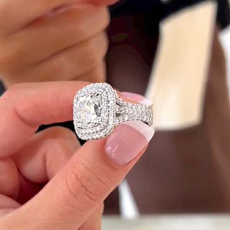 6Ct Honorable Double Halo Three Shank Cushion Cut Engagement Ring-Sterling Silver-lornajewelry