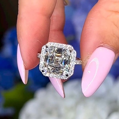 3Ct Lovely Halo Asscher Cut Engagement Ring-Sterling Silver-lornajewelry