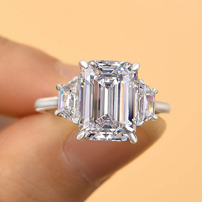 4.5Ct Luxury Three Stone Emerald Cut Engagement Ring-Sterling Silver-lornajewelry