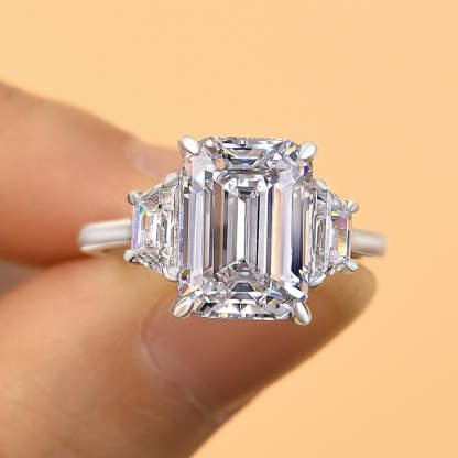 4.5Ct Luxury Three Stone Emerald Cut Engagement Ring-Sterling Silver-lornajewelry