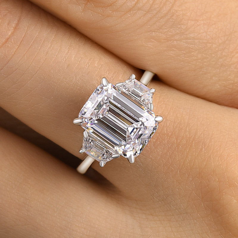 4.5Ct Luxury Three Stone Emerald Cut Engagement Ring-Sterling Silver-lornajewelry