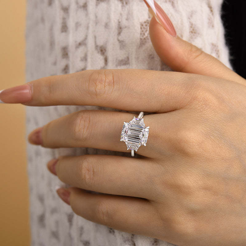 4.5Ct Luxury Three Stone Emerald Cut Engagement Ring-Sterling Silver-lornajewelry