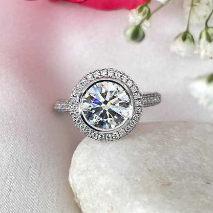 3Ct Vintage Halo Round Cut Engagement Ring-Sterling Silver-lornajewelry