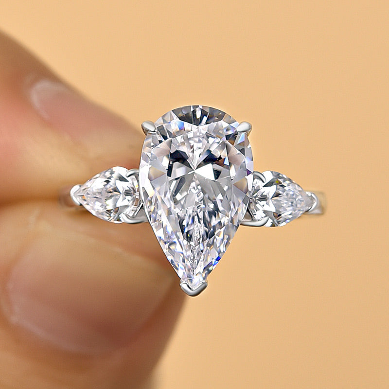 3.5Ct Gorgeous Pear Cut Three Stone Engagement Ring-Sterling Silver-lornajewelry