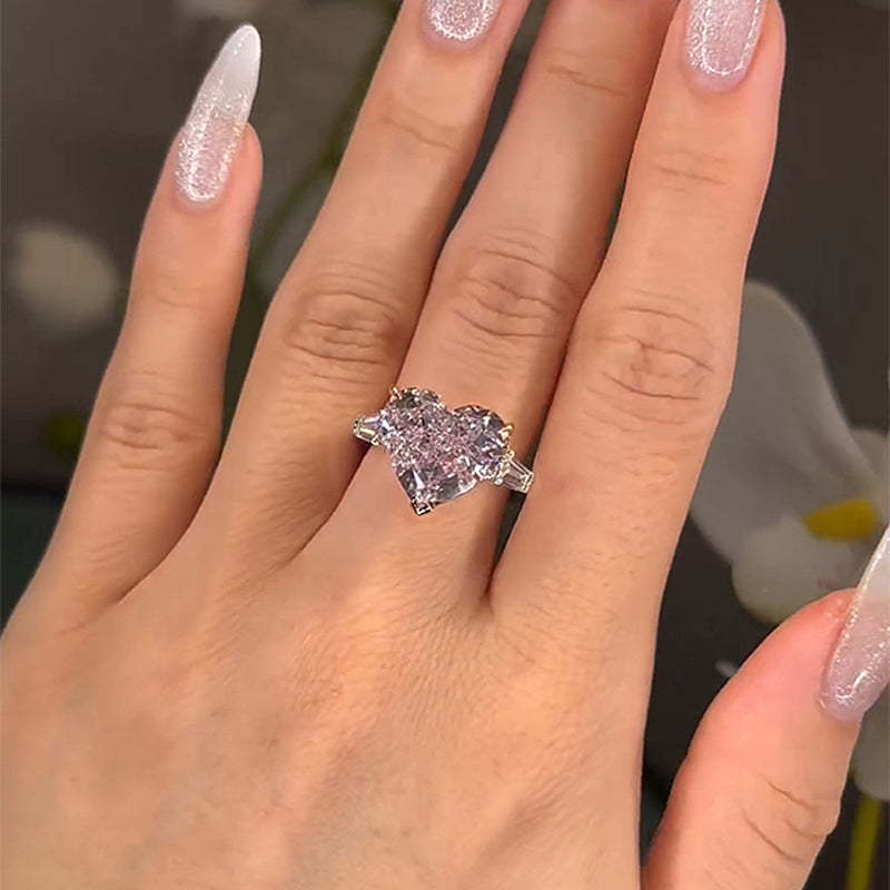 5Ct Excellent Three Stone Pink Stone Heart Cut Engagement Ring-Sterling Silver-lornajewelry
