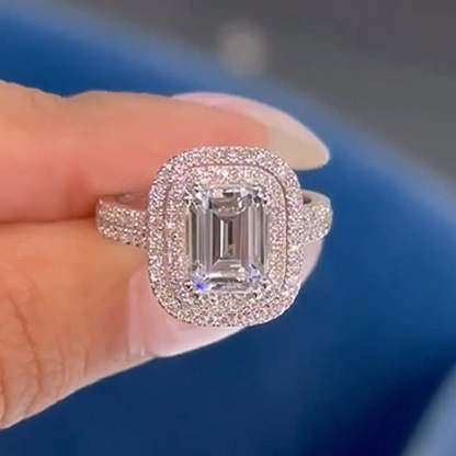 2.5Ct Attractive Double Halo Emerald Cut Engagement Ring-Sterling Silver-lornajewelry