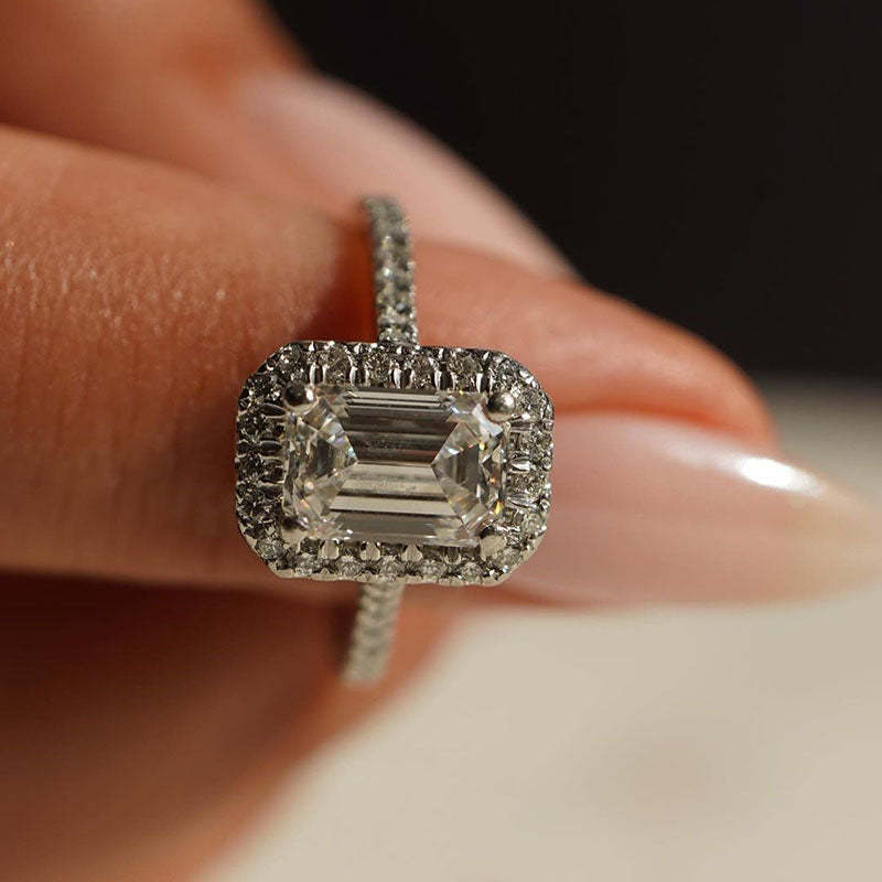 2Ct Attractive Halo Emerald Cut Engagement Ring-Sterling Silver-lornajewelry