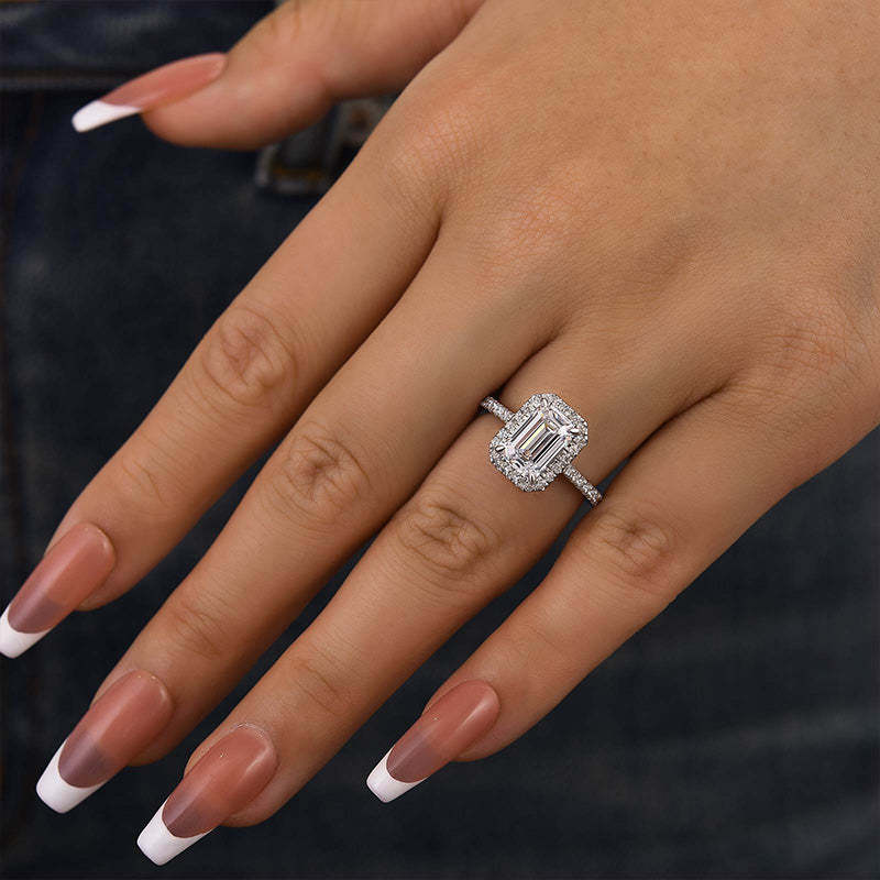 2Ct Attractive Halo Emerald Cut Engagement Ring-Sterling Silver-lornajewelry