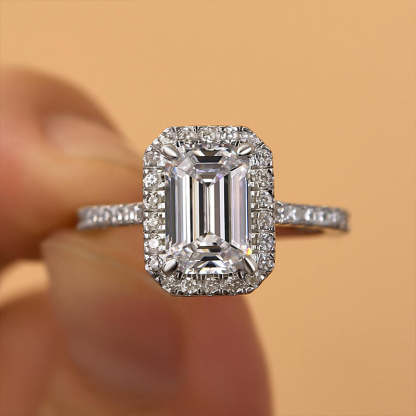 2Ct Attractive Halo Emerald Cut Engagement Ring-Sterling Silver-lornajewelry