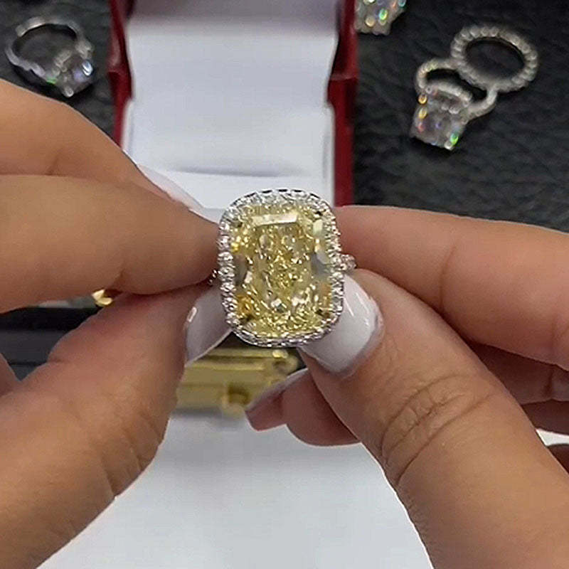 9Ct Yellow Stone Halo Crushed Ice Cushion Cut Engagement Ring-Sterling Silver-lornajewelry