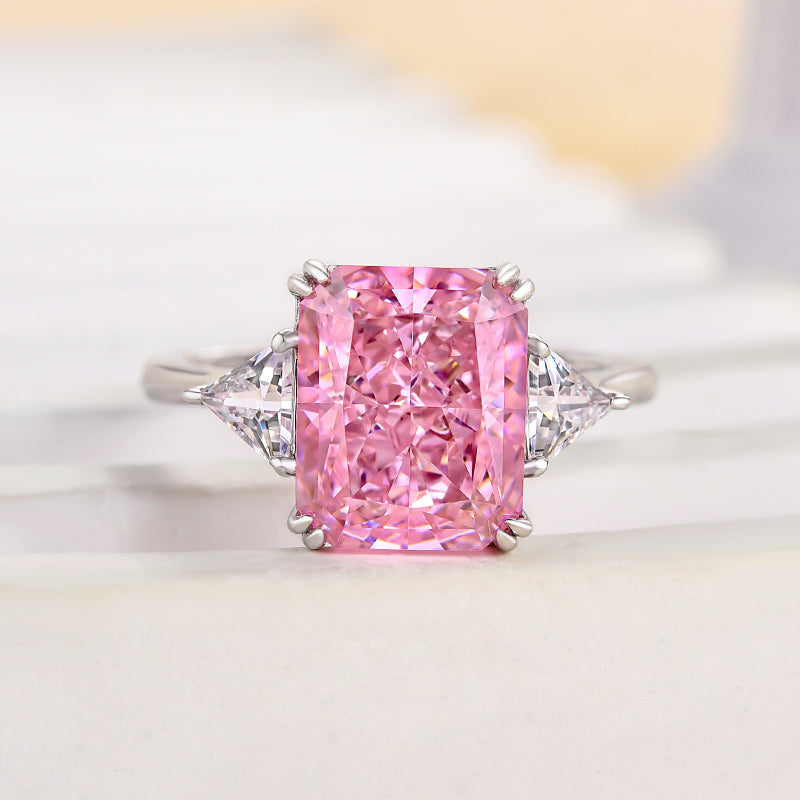 4Ct Lovely Radiant Cut Three Stone Pink Stone Engagement Ring-Sterling Silver-lornajewelry