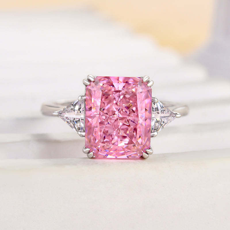 4Ct Lovely Radiant Cut Three Stone Pink Stone Engagement Ring-Sterling Silver-lornajewelry