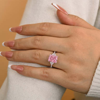 4Ct Lovely Radiant Cut Three Stone Pink Stone Engagement Ring-Sterling Silver-lornajewelry