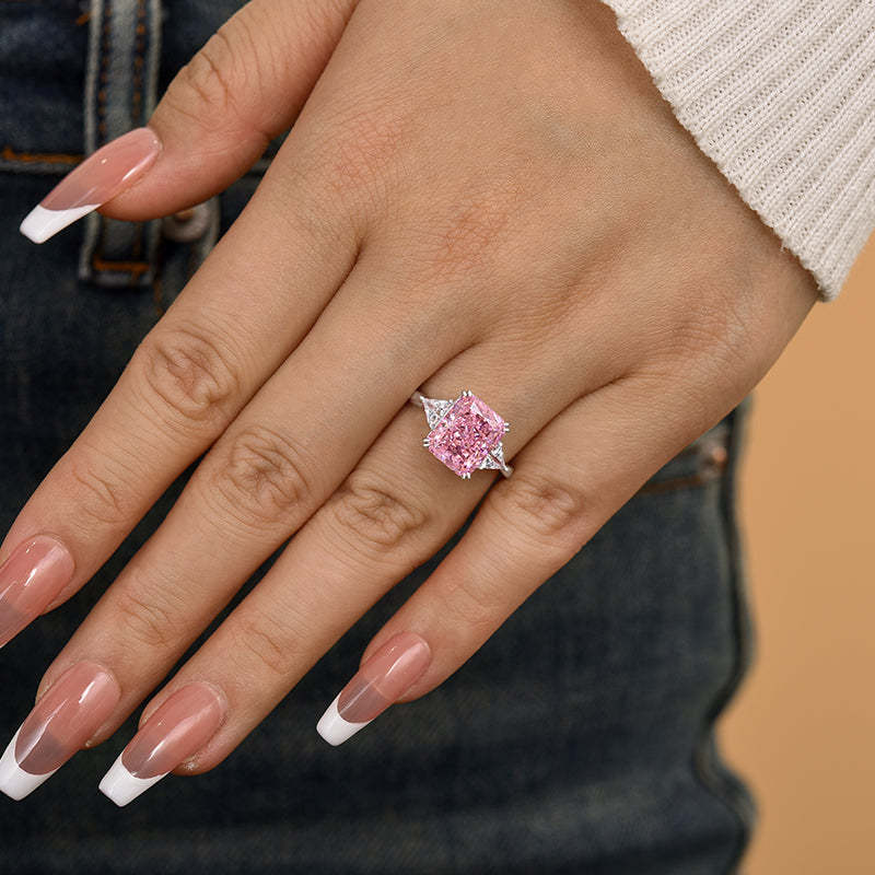 4Ct Lovely Radiant Cut Three Stone Pink Stone Engagement Ring-Sterling Silver-lornajewelry