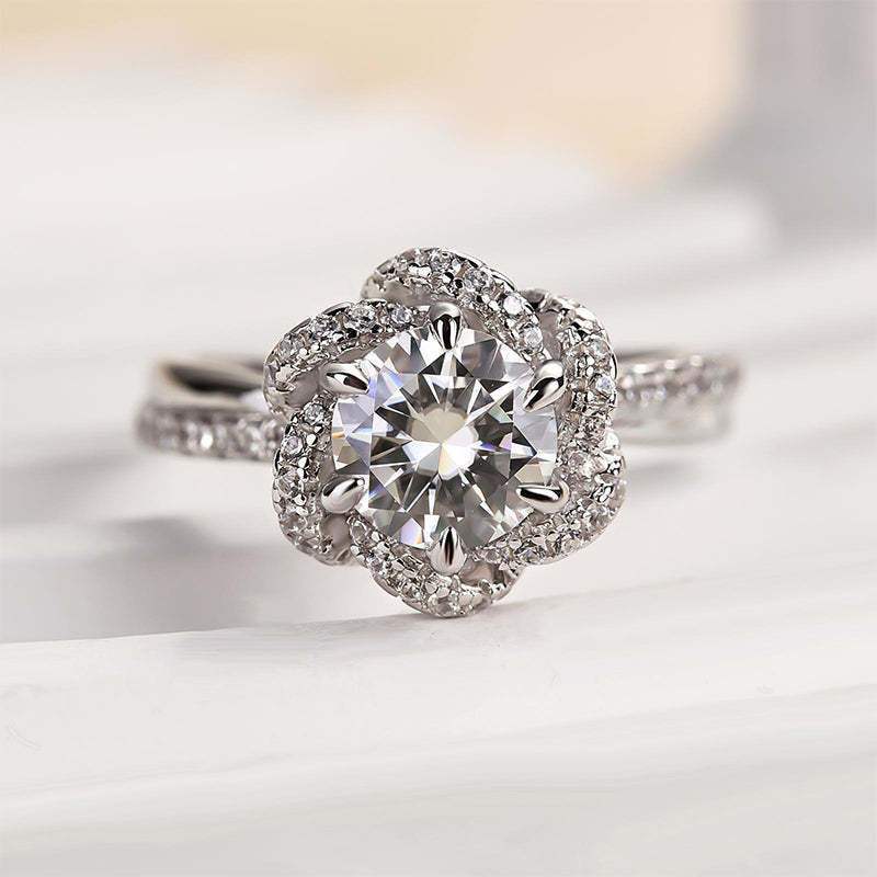 1Ct Moissanite Twist Flower Design Engagement Ring-Sterling Silver-lornajewelry