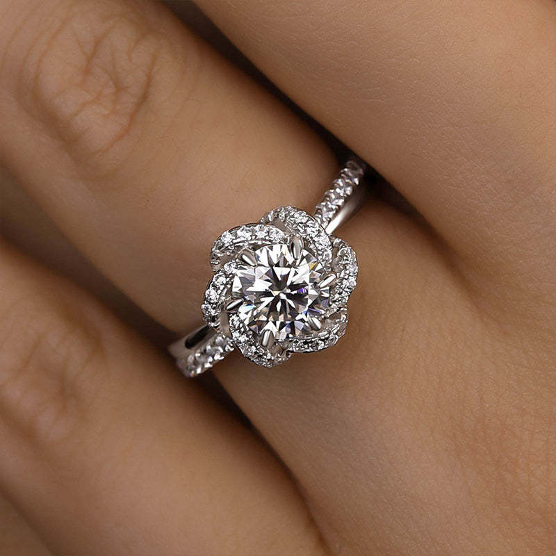 1Ct Moissanite Twist Flower Design Engagement Ring-Sterling Silver-lornajewelry