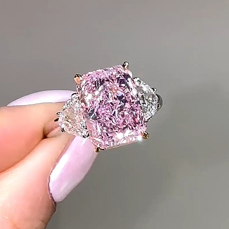 6Ct Gorgeous Pink Stone Radiant Cut Three Stone Engagement Ring-Sterling Silver-lornajewelry