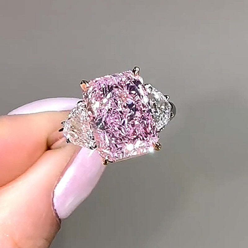 6Ct Gorgeous Pink Stone Radiant Cut Three Stone Engagement Ring-Sterling Silver-lornajewelry