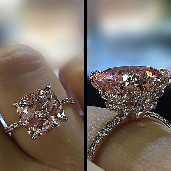 5Ct Rose Gold Peachy Pink Stone Cushion Cut Engagement Ring With Double Halo-Sterling Silver-lornajewelry